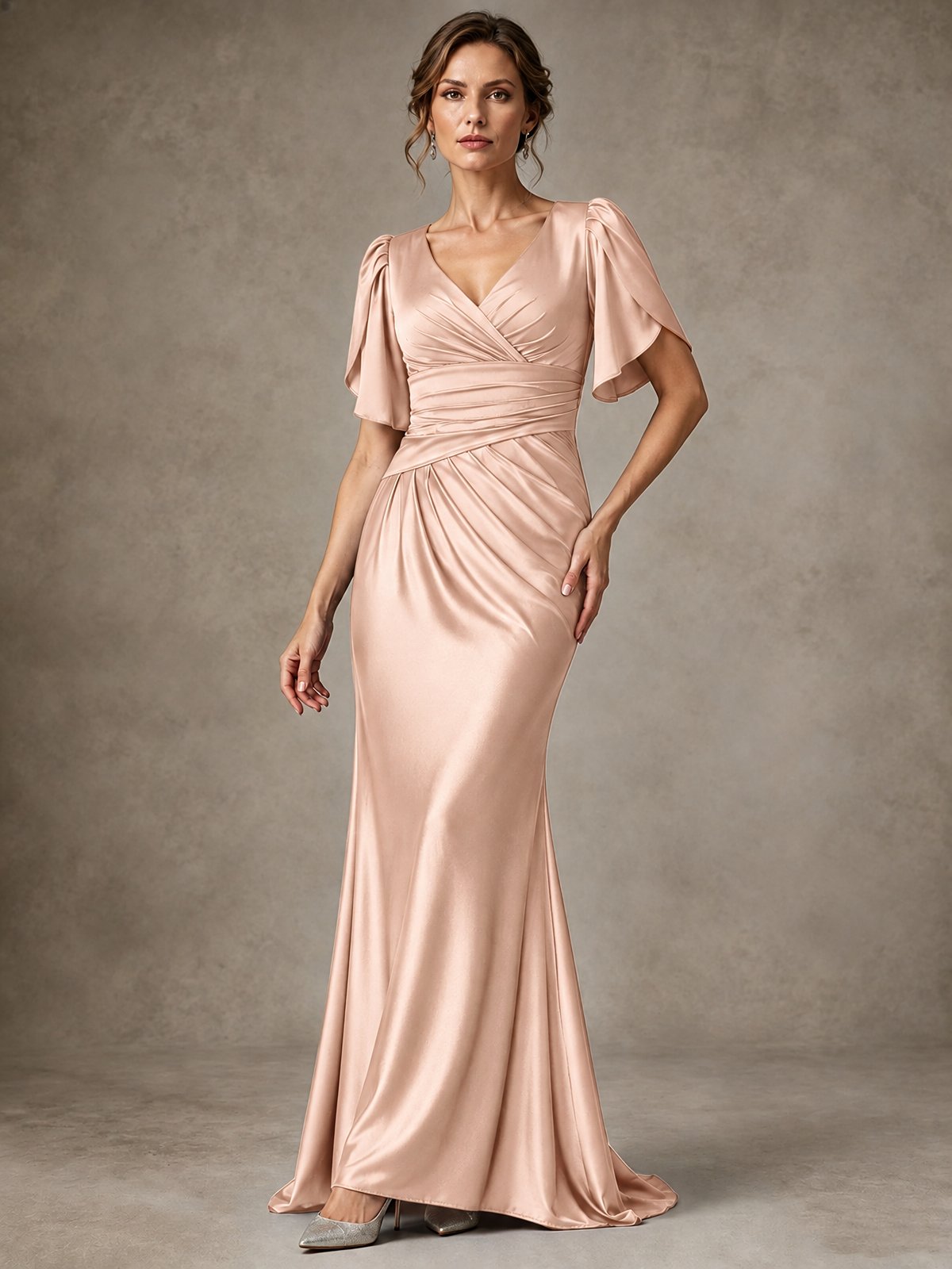 V-Neck Satin Mother of the Bride Dress with Flutter Sleeves