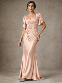 V-Neck Satin Mother of the Bride Dress with Flutter Sleeves