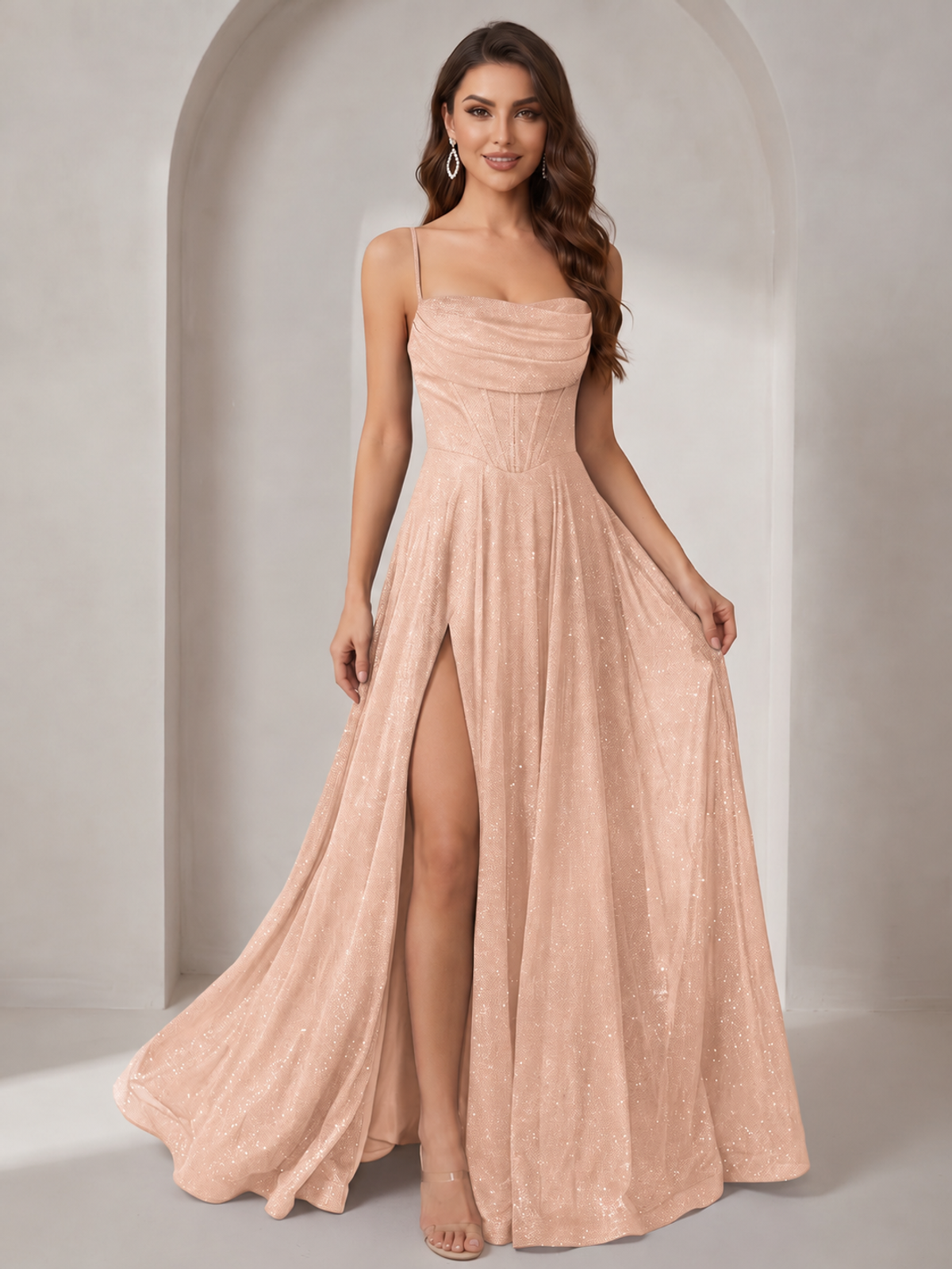 Sparkly Cowl Neck Corset Long Prom Dress with Slit A-line Tulle Ball Gown