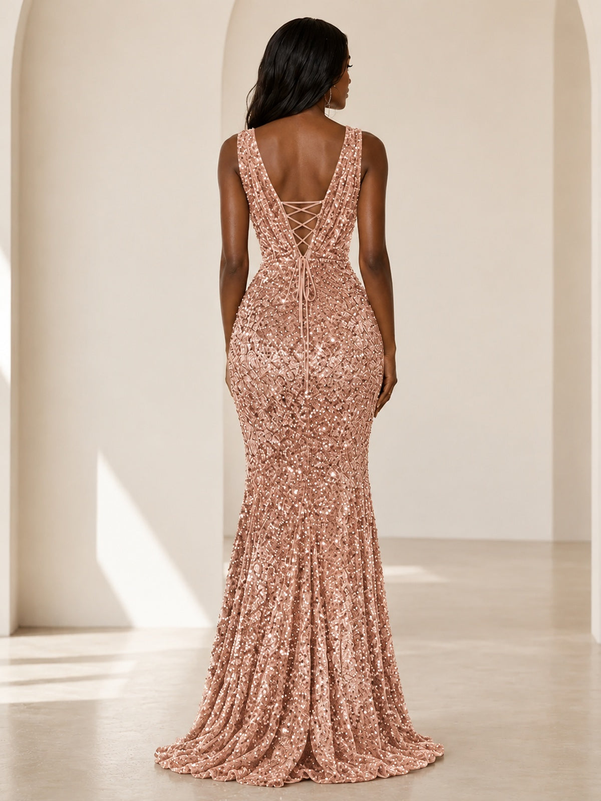 Sequin Mermaid Prom Dress with V-Neck and Ruched Waist