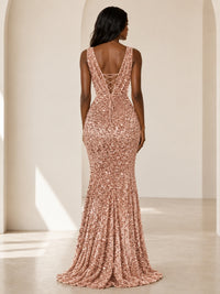 Sequin Mermaid Prom Dress with V-Neck and Ruched Waist
