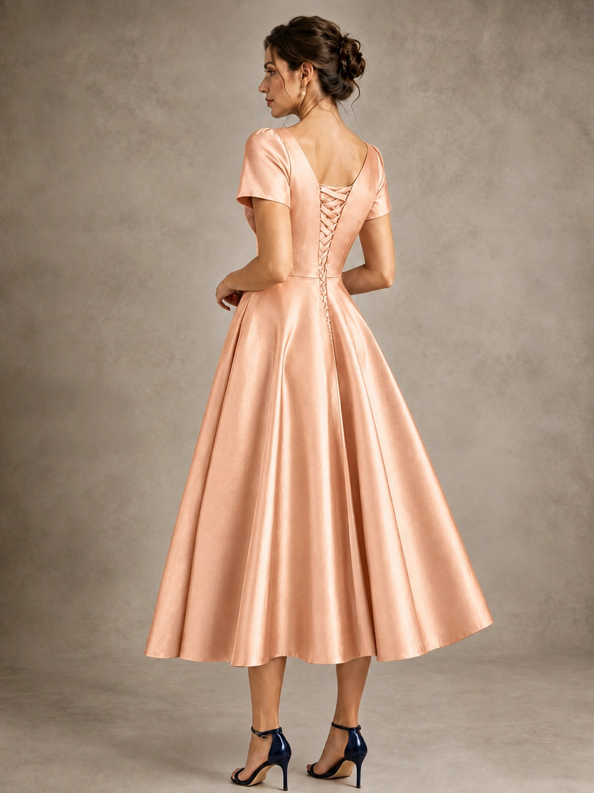 V-Neck Tea-Length Satin Mother of the Bride Dress with Bow