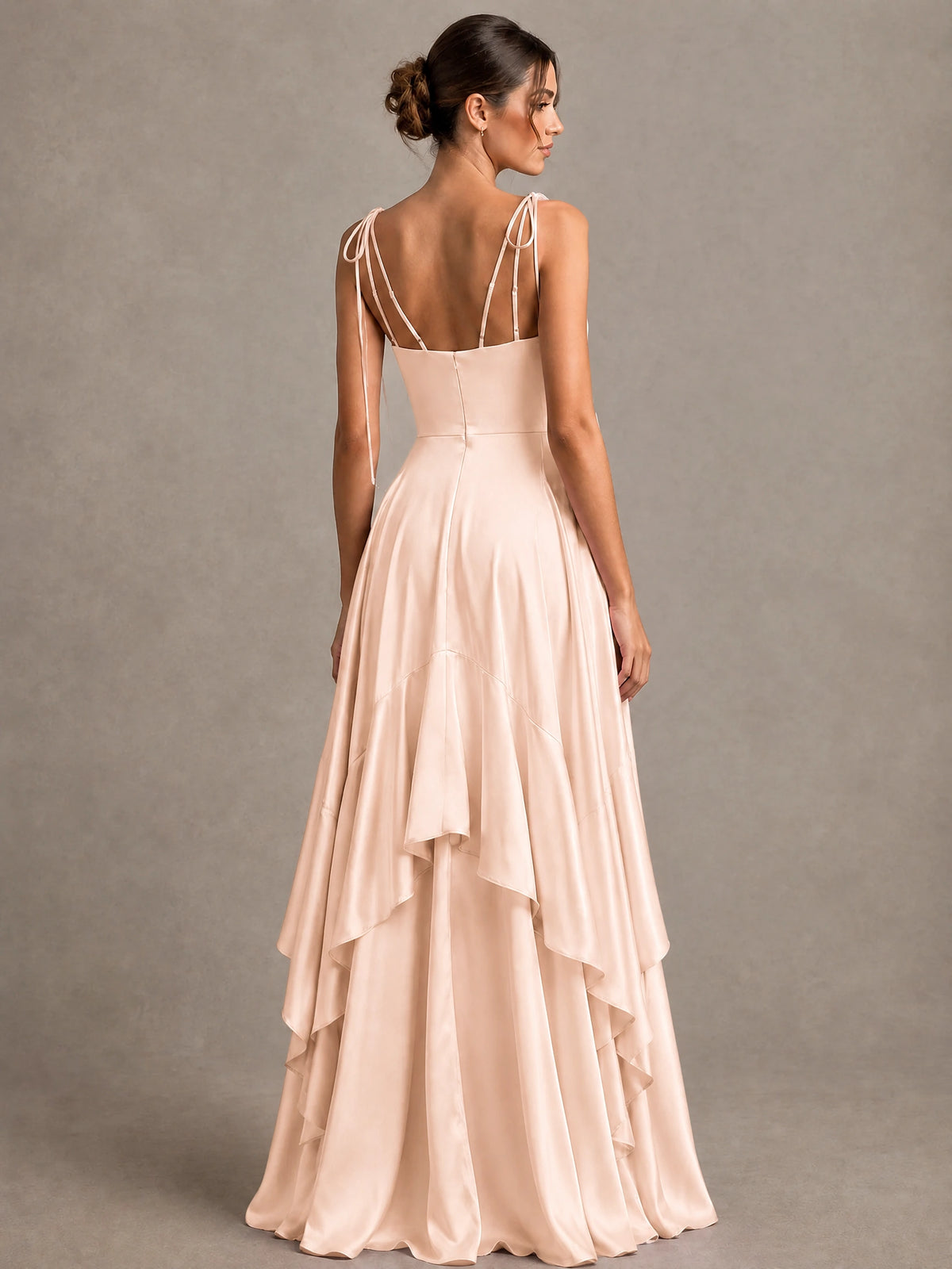Lavender Satin V-Neck Ruffle Maxi Dress