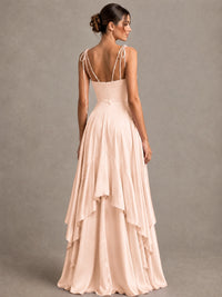 Lavender Satin V-Neck Ruffle Maxi Dress