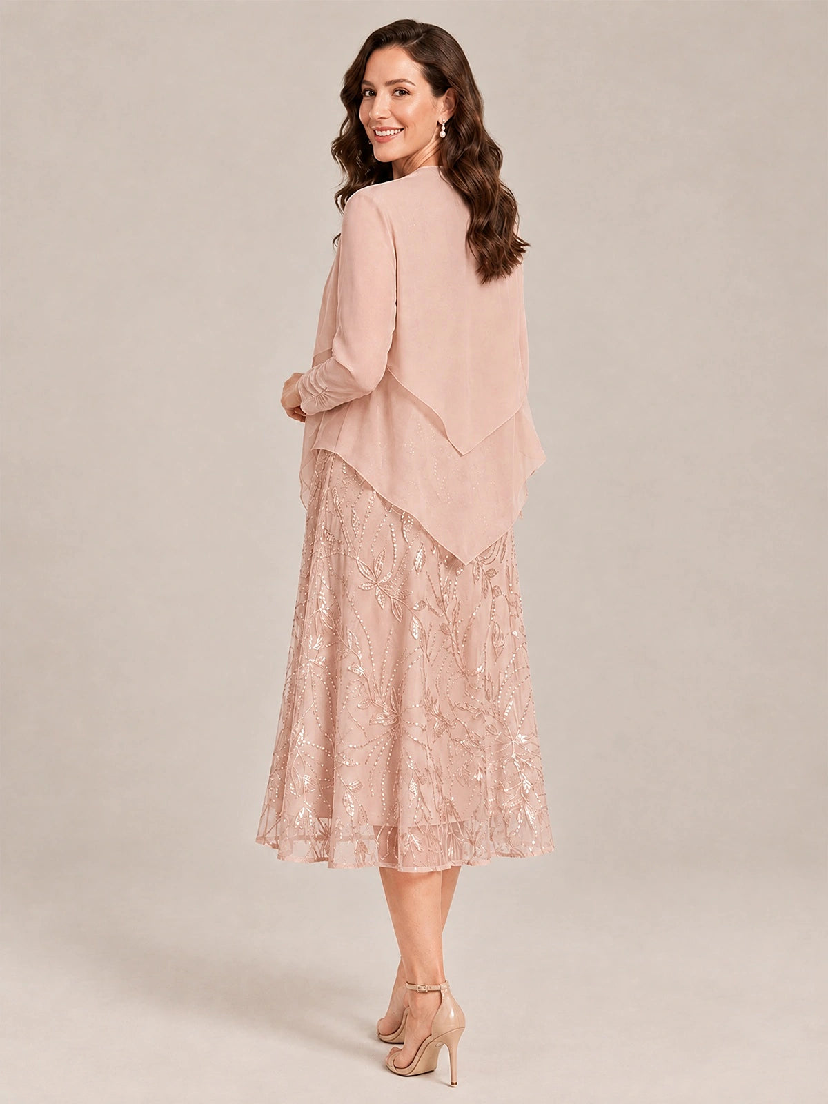 Tea Length Sequin Lace Mother of the Bride Dress with Chiffon Jacket