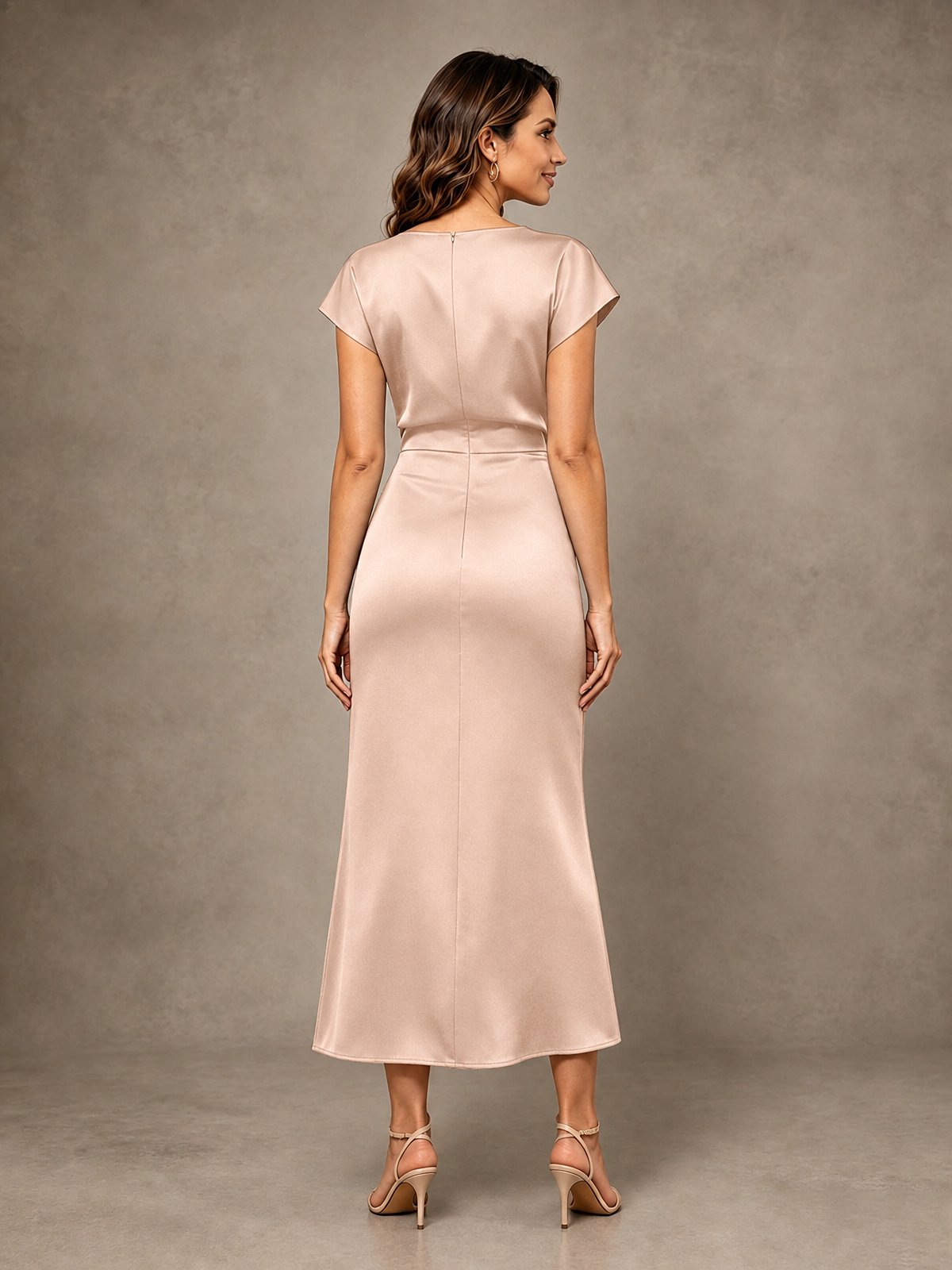 Cowl Neck Satin Mother of the Bride Dress with Ruched Waist