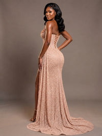 Luxury Strapless Sequin Corset Mermaid Prom Dress with High Slit & Train