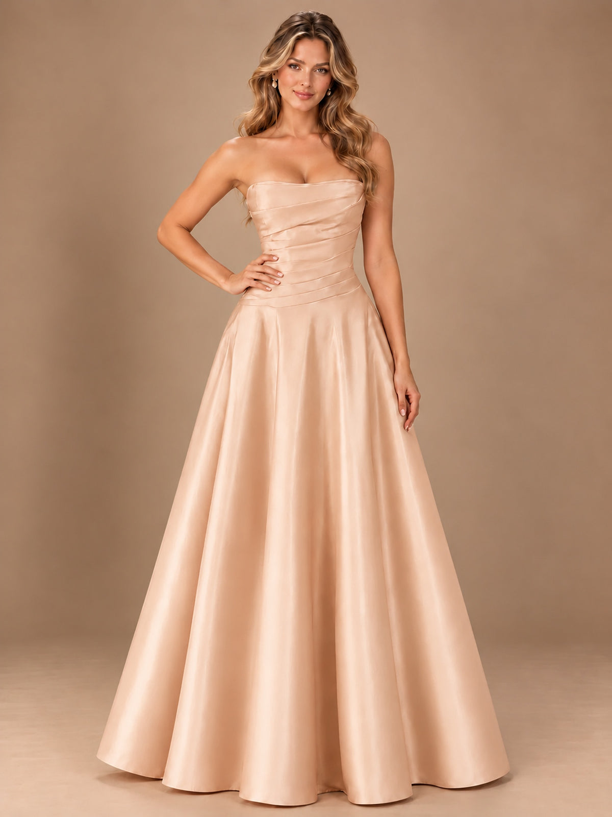 Blush Pink Strapless Satin A-Line Prom Dress with Ruched Bodice