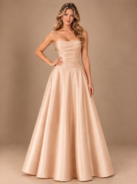 Blush Pink Strapless Satin A-Line Prom Dress with Ruched Bodice