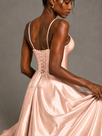 Lavender V Neck Satin Prom Dress with Spaghetti Straps