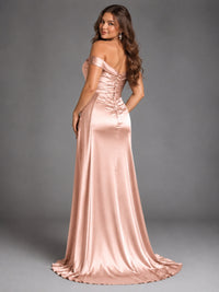 Off Shoulder Satin Maxi Dress with Slit