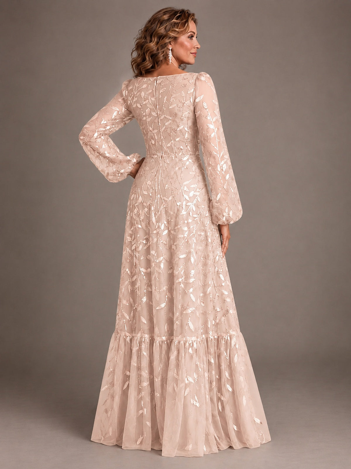 Floral Sequin Embroidered A-Line Mother of the Bride Dress with Long Sleeves