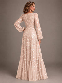 Floral Sequin Embroidered A-Line Mother of the Bride Dress with Long Sleeves