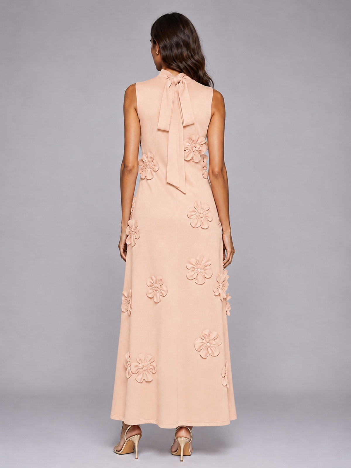 3D Floral Applique High Neck Prom Maxi Dress