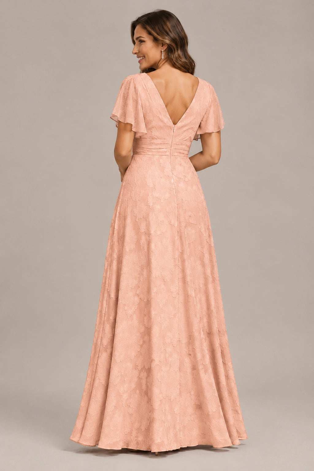Jovellee Floral Chiffon A-Line Mother of the Bride Dress with Flutter Sleeves