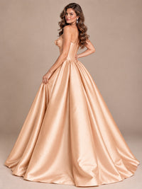 Pink Strapless Corset Satin Prom Derss & Ball Gown with 3D Floral