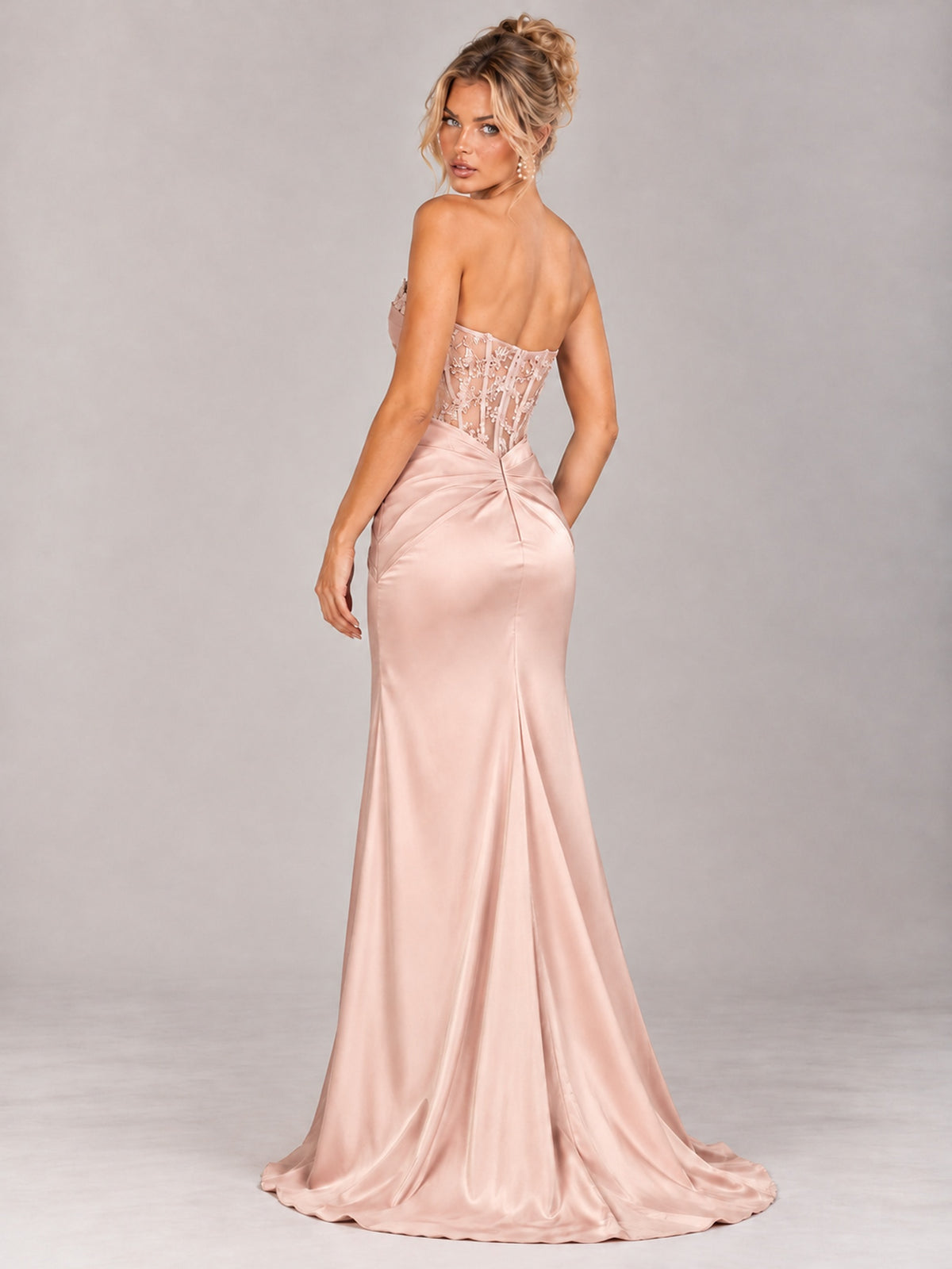Strapless Satin Prom Dress with Sheer Lace Corset & High Slit