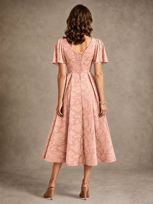 V-Neck Floral Jacquard Tea-Length Mother of the Bride Dress