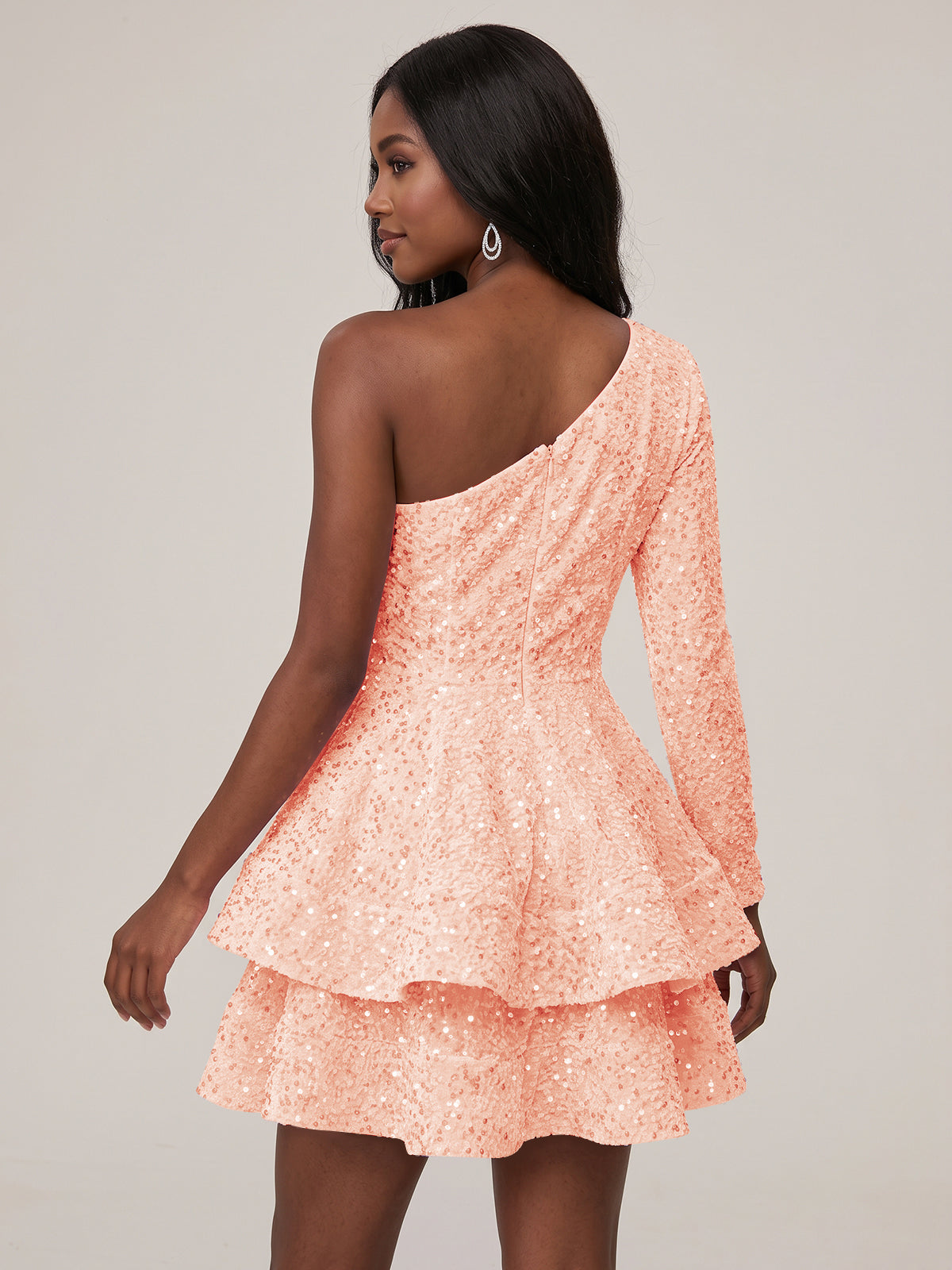 Puffy One Shoulder Sequin Tiered Mini Dress