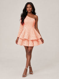 Puffy One Shoulder Sequin Tiered Mini Dress
