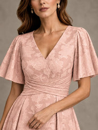 V-Neck Floral Jacquard Tea-Length Mother of the Bride Dress