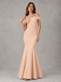 Blush Pink Off Shoulder Mermaid Bridesmaid Dress with Floral Rosette