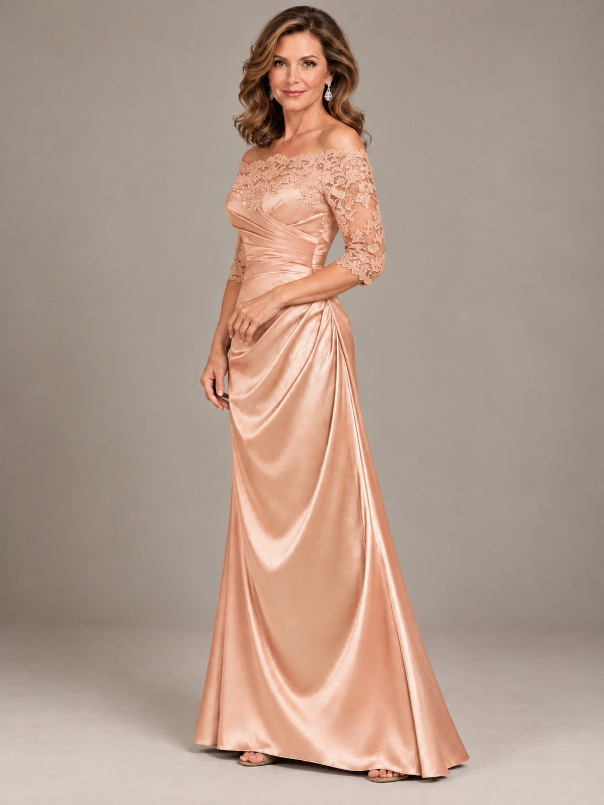 Satin Mother of the Bride Dress with Lace Sleeves Off Shoulder Formal Gown