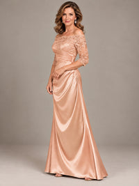 Satin Mother of the Bride Dress with Lace Sleeves Off Shoulder Formal Gown