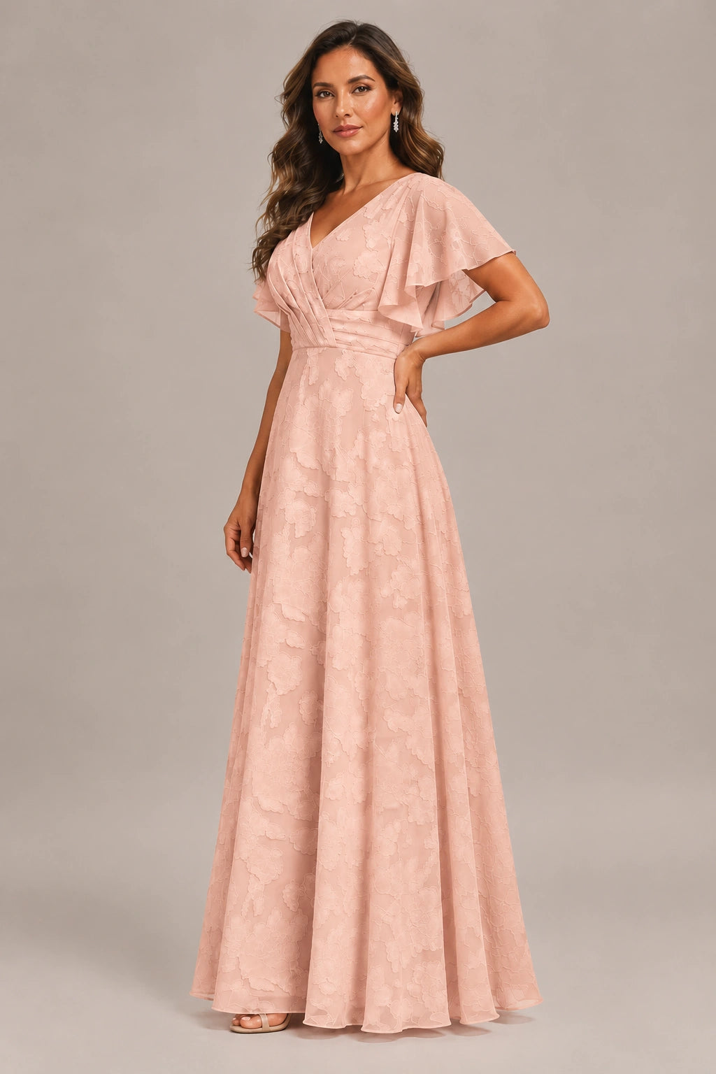 Jovellee Floral Chiffon A-Line Mother of the Bride Dress with Flutter Sleeves