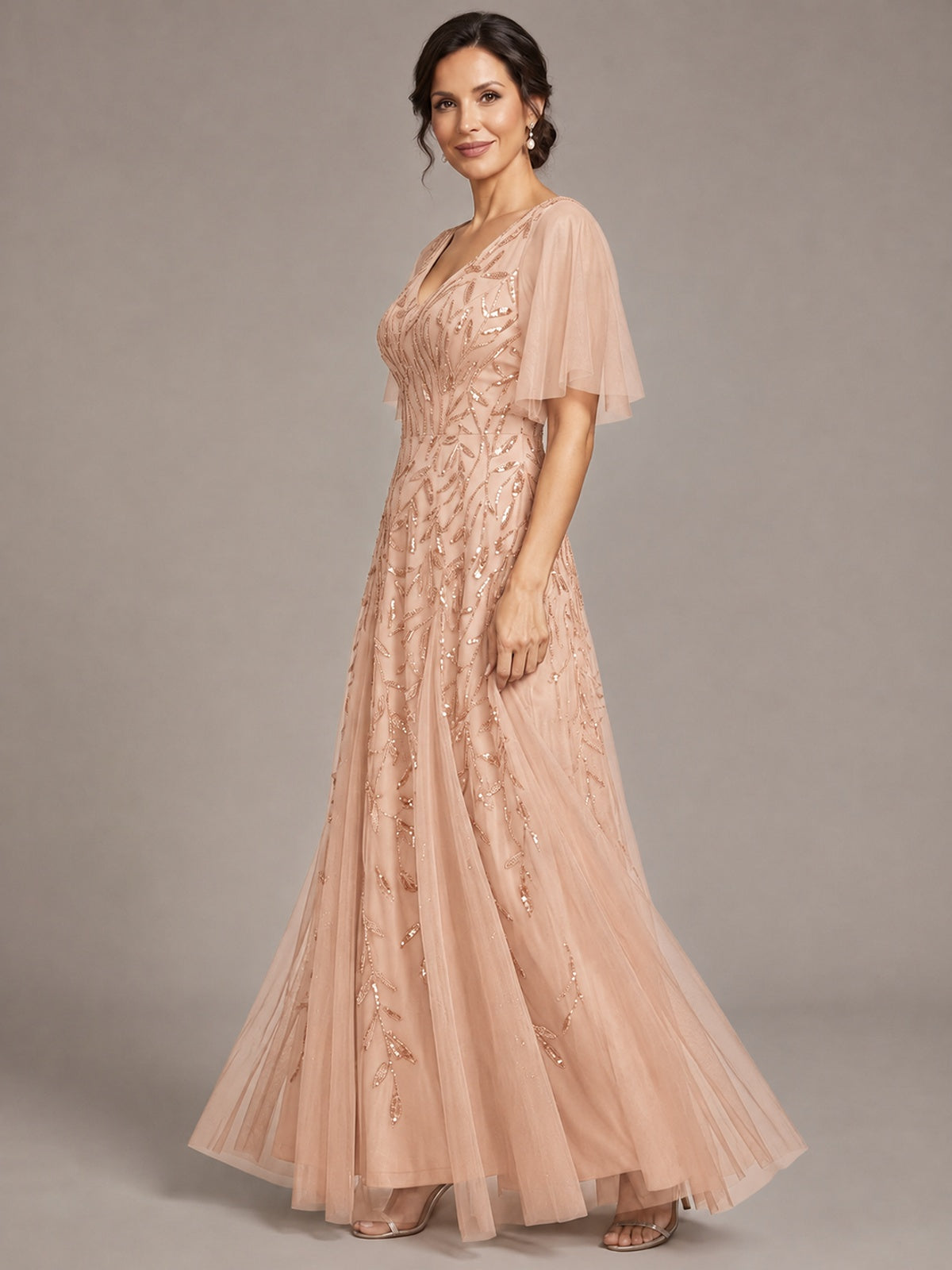V-Neck Sequin Tulle Mother of the Bride Dress with Flutter Sleeve