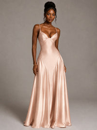 Lavender V Neck Satin Prom Dress with Spaghetti Straps