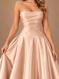 Blush Pink Strapless Satin A-Line Prom Dress with Ruched Bodice