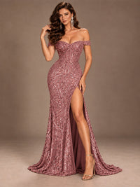 Off the Shoulder Corset Sequin Mermaid Prom Dress with Slit