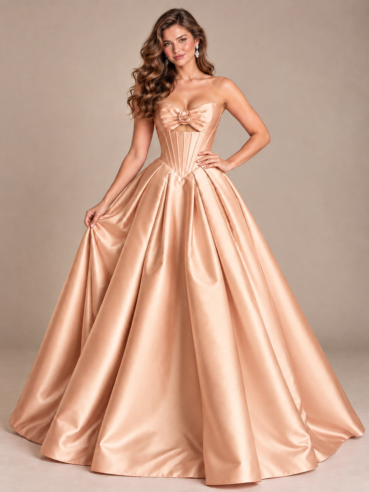 Pink Strapless Corset Satin Prom Derss & Ball Gown with 3D Floral