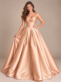 Pink Strapless Corset Satin Prom Derss & Ball Gown with 3D Floral