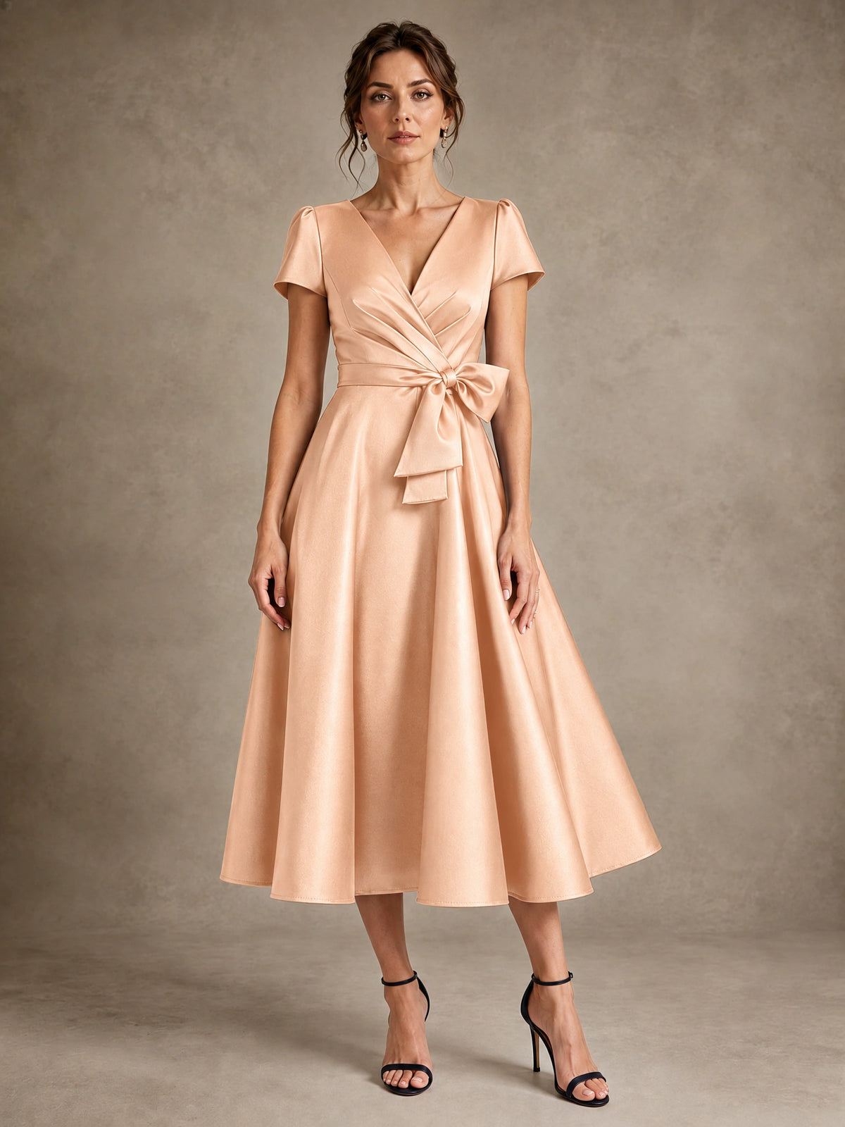 Rose Gold V-Neck Tea-Length Satin Mother of the Bride Dress with Bow Jovellee