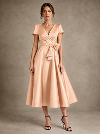 Rose Gold V-Neck Tea-Length Satin Mother of the Bride Dress with Bow Jovellee