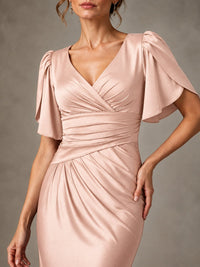 V-Neck Satin Mother of the Bride Dress with Flutter Sleeves
