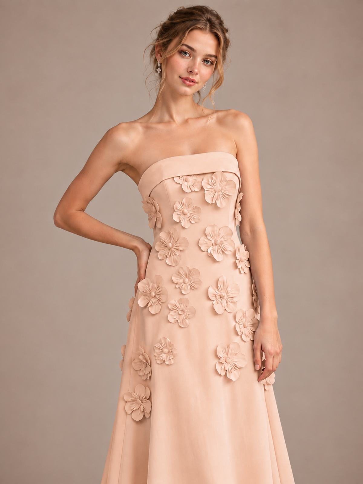 Yellow Strapless 3D Floral Appliques Maxi Dress
