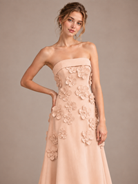 Yellow Strapless 3D Floral Appliques Maxi Dress