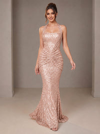Gold Halter Sequin Mermaid Ruched Prom Dress Long Ruched Evening Gown