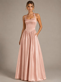 Light Yellow Halter Neck Satin A-Line Maxi Dress with Pockets