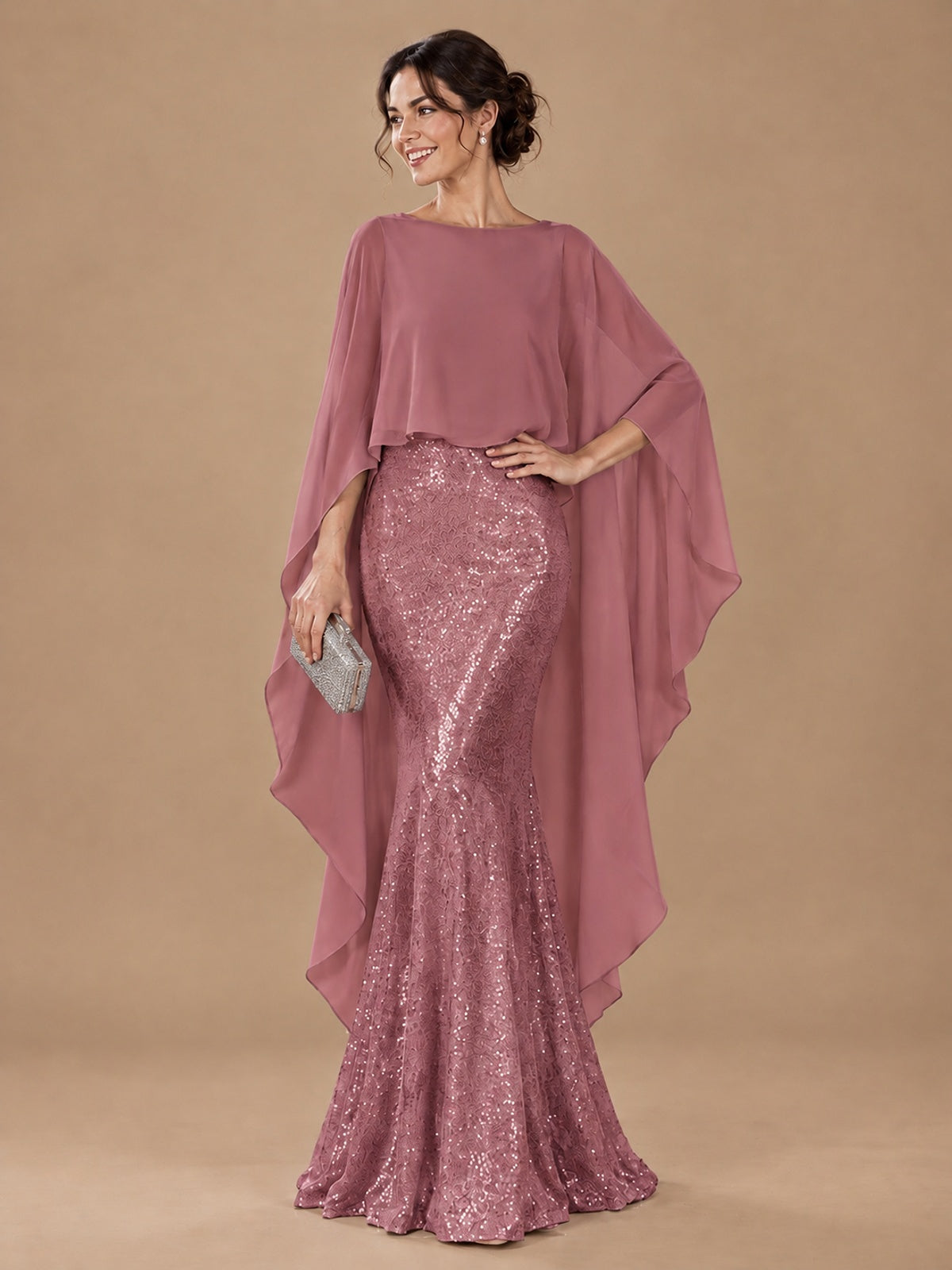 Sequin 2 Pieces Mother of the Bride Dress with Cap Sleeves Chiffon Formal Gowns