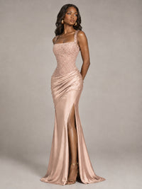 Scoop Neck Sequin Prom Dress with High Slit Satin Formal Gowns