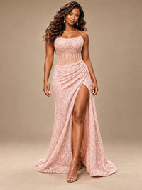 Gold Sequin Strapless Corset Prom Dress with High Slit