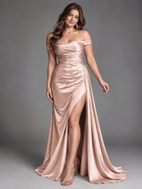 Off Shoulder Satin Maxi Dress with Slit