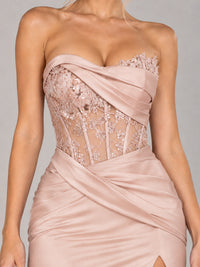 Strapless Satin Prom Dress with Sheer Lace Corset & High Slit