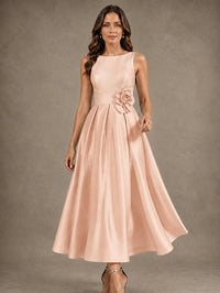 Tea-Length Satin Mother of the Bride Dress with 3D Flower Detail