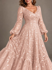 Floral Sequin Embroidered A-Line Mother of the Bride Dress with Long Sleeves