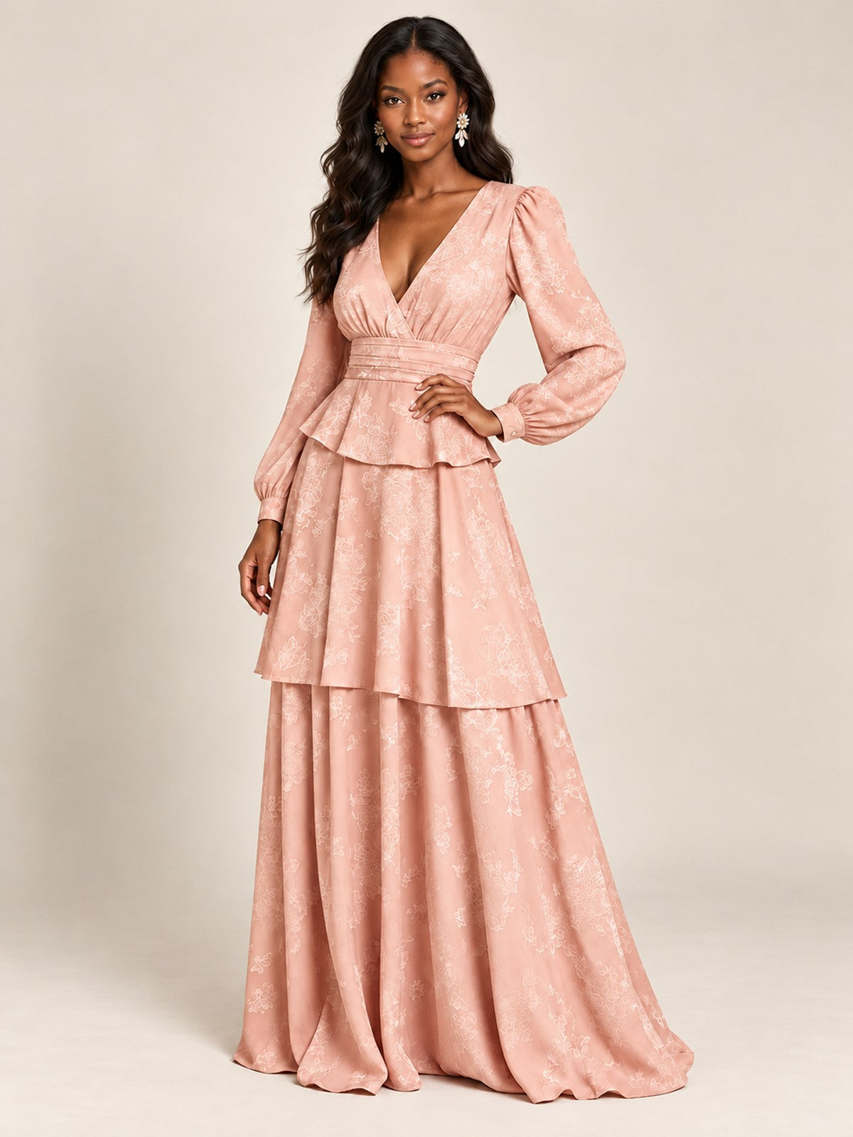 Blush Pink Floral Long Sleeve Maxi Dress